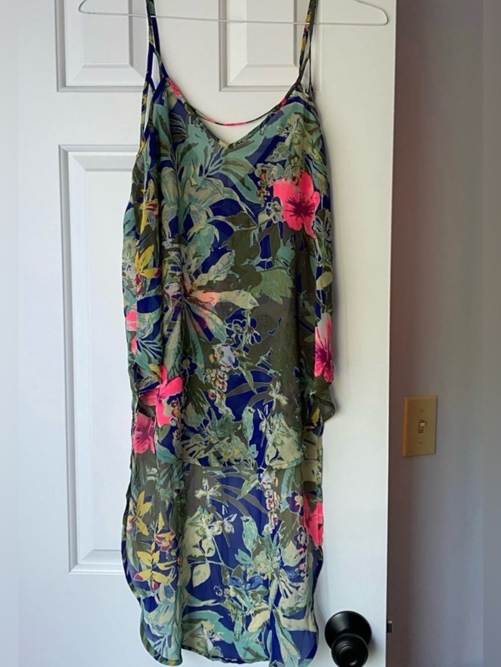 Astr Tropical Floral Spaghetti-Strap Tunic/coverup in Olive, Navy & Hot Pink